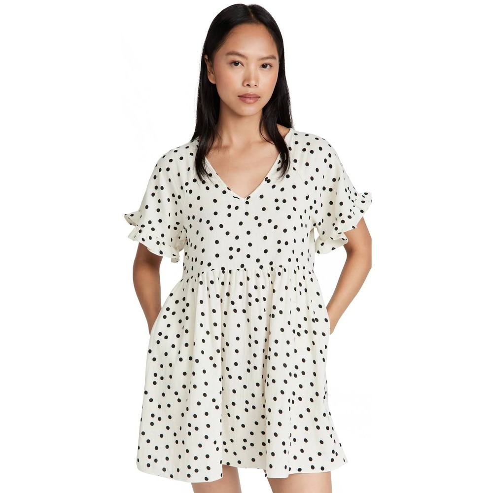 Madewell Lightspun Ruffle-Sleeve Babydoll Dress Size M Pearl Ivory Tossed Dot